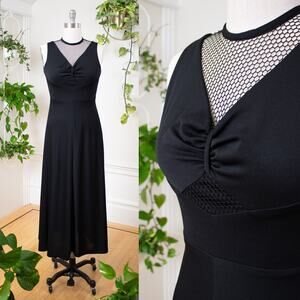 Vintage 1970s Maxi Dress 70s Black Fishnet Sexy Goth Full Length Party Gown